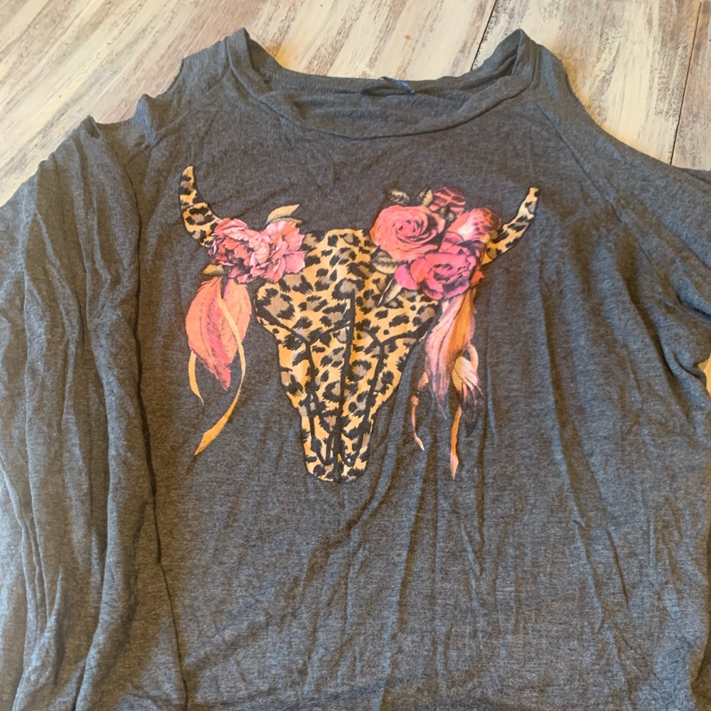 Grey Long Sleeved Cow Skull Cold Shoulder Top